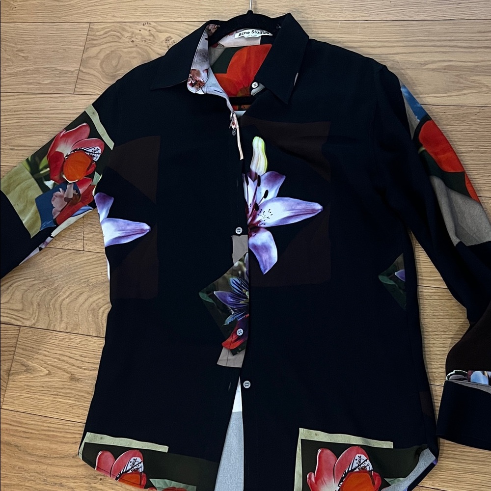Acne Black Floral Print Dress Shirt